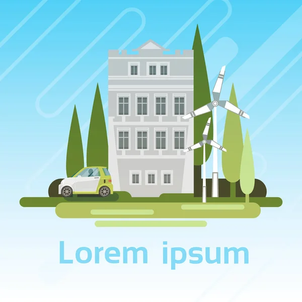 Rüzgar Türbini ve elektrikli otomobil Eko gayrimenkul enerji verimliliği ile konut yapı — Stok Vektör