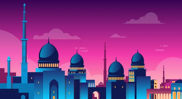 Moslim Cityscape Nabawi moskee gebouw religie nacht weergave — Stockvector