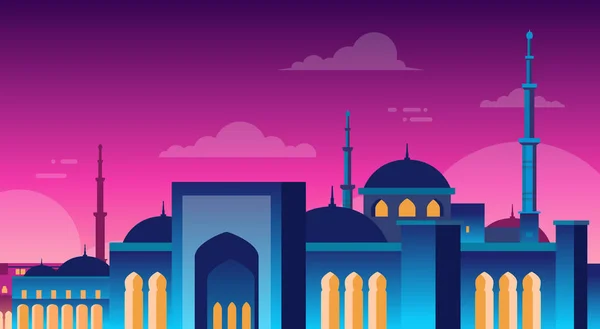 Ciudad musulmana Mezquita de Nabawi Edificio Religión Vista nocturna — Vector de stock