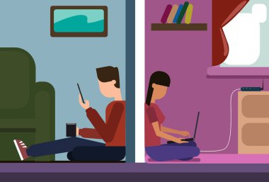Erkek ve kadın yerde evde oturup sohbet birlikte kullanarak akıllı telefonu ve dizüstü bilgisayar kablosuz Wifi Online bağlantısı