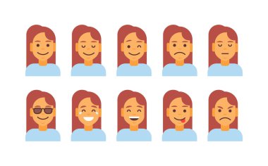 Profil simgesi kadın farklı duygu Set Avatar, kadın karikatür portre yüz koleksiyonu