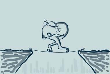 İş adamı yürüyüş bitti uçurum boşluk dağ taşıma tehlikeli riske büyük para çantası