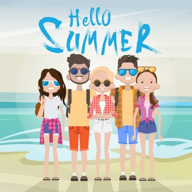Genç insanların grup Deniz Sahil kum plaj yaz tatil turist tatil kavramı üzerinde