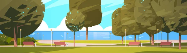 Summer City Park nära floden Bank gröna träd och träbänkar — Stock vektor