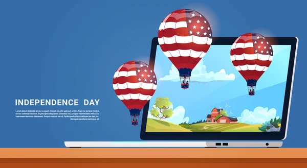 Bandera de los Estados Unidos Globos de aire de colores que vuelan desde la tableta Día de la Independencia de la Computadora Vacaciones 4 Julio Banner Tarjeta de felicitación — Vector de stock