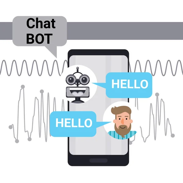 Uomo che chiacchiera con Chat Bot su cellulare Smart Phone, Robot elemento di assistenza virtuale del sito web o applicazioni mobili — Vettoriale Stock