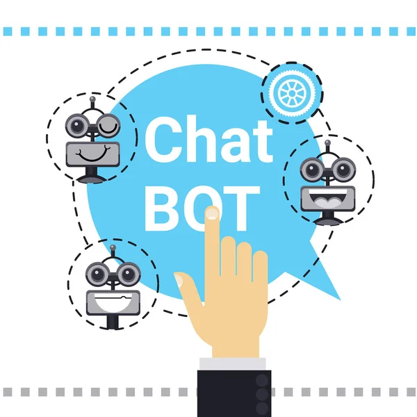 Man gebruik gratis Chat Bot, Robot virtuele bijstand Element van Website of mobiele toepassingen, kunstmatige intelligentie Concept — Stockvector