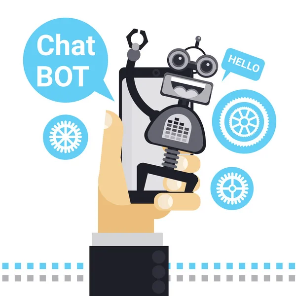 Man Chatting With Chat Bot On Cell Smart Phone, Robot Virtual Assistance Element Of Website Or Mobile Applications — Stock Vector