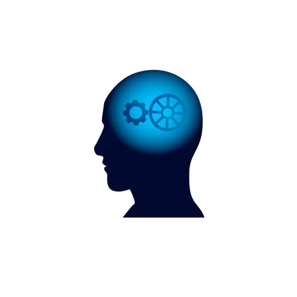 Testa con ruota a ingranaggio nel cervello, Icona del concetto di intelligenza di Brainstorm Thinking — Vettoriale Stock