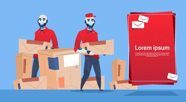 Courier robotar Carry Box leverans paketet Post Service Banner kopia utrymme — Stock vektor