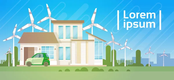 House Building With Wind Turbine Eco Real Estate Energy Efficient — Stock Vector