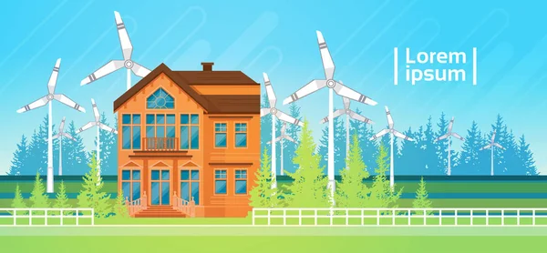 Husbygge med Wind Turbine Eco fastigheter energieffektiva — Stock vektor