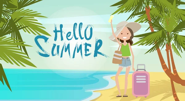 Frau mit Koffer am Strand hallo Sommerurlaub tropischen Meerblick — Stockvektor
