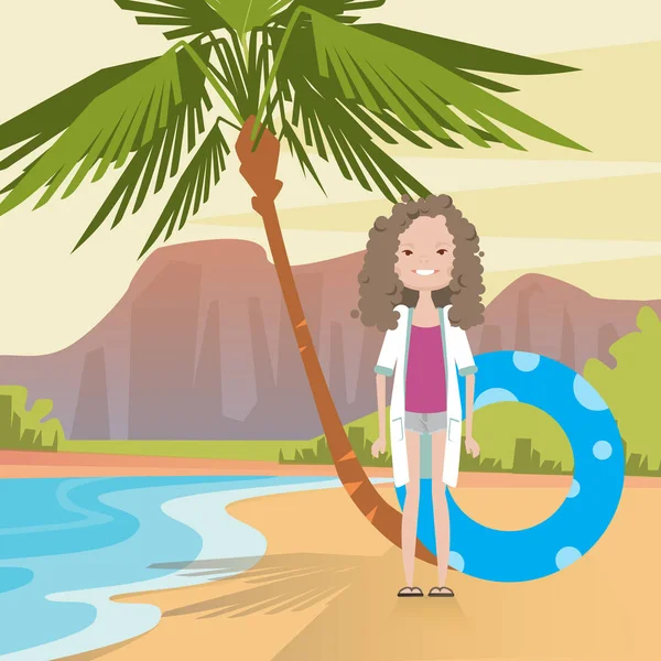 Γυναίκα στην παραλία γειά σου καλοκαίρι διακοπές τροπικά παραθαλάσσια θέα — Διανυσματικό Αρχείο