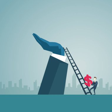 İşadamı tırmanma merdiveni merdivenlerden yukarı tutun dolar işareti, iş adamı Finans başarı kavramı