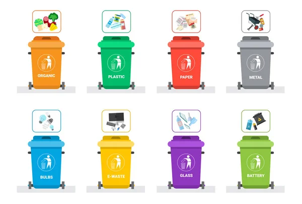 Contenedor de basura para clasificar el conjunto de iconos de residuos Reciclar la recolección del logotipo del concepto de basura — Archivo Imágenes Vectoriales