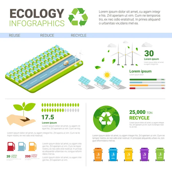 Ecología Contenedor de basura para clasificar residuos Infografía Banner Reciclar concepto de basura — Vector de stock
