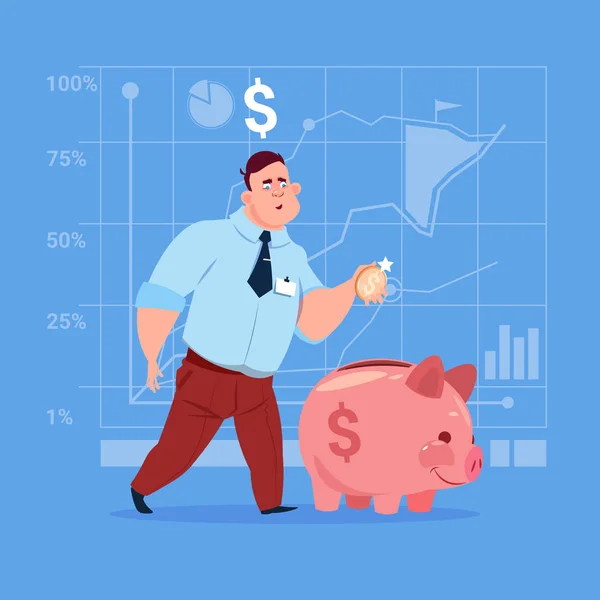 Hombre de negocios poner moneda Piggy Bank Concepto de inversión de dinero — Vector de stock