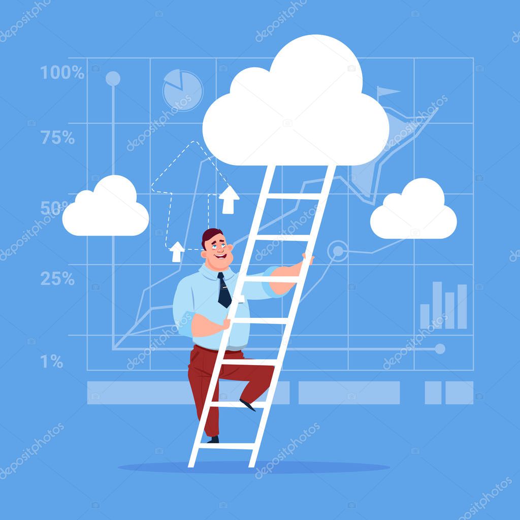 Businessman Climb Up Ladder Stairs, Concept Business Man Sky Clouds