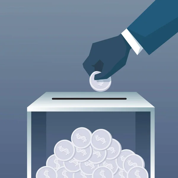Ruční uvedení mince v darovat Box pro charitativní příspěvek — Stockový vektor