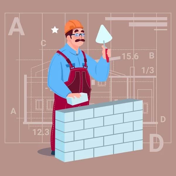 Bâtisseur de bande dessinée posant la spatule de maintien de mur de brique sur fond de plan abstrait Homme ouvrier — Image vectorielle
