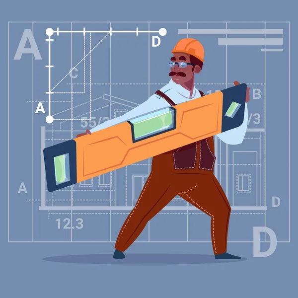 Cartoon African American Builder Holding Carpenter Level Wearing Uniform And Helmet Construction Worker Over Abstract Plan Background — Stock Vector