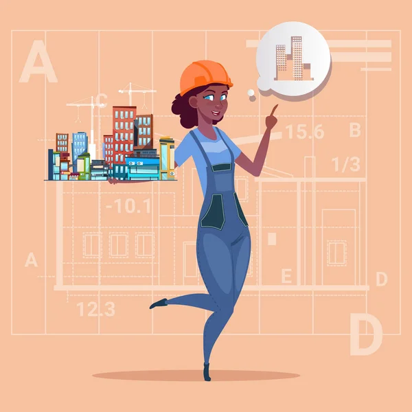 Γελοιογραφία κρατώντας μικρό σπίτι έτοιμο ακίνητη περιουσία πάνω από αφηρημένο σχέδιο υποβάθρου αφρικανική αμερικανική εργαζόμενος γυναίκα οικοδόμος — Διανυσματικό Αρχείο
