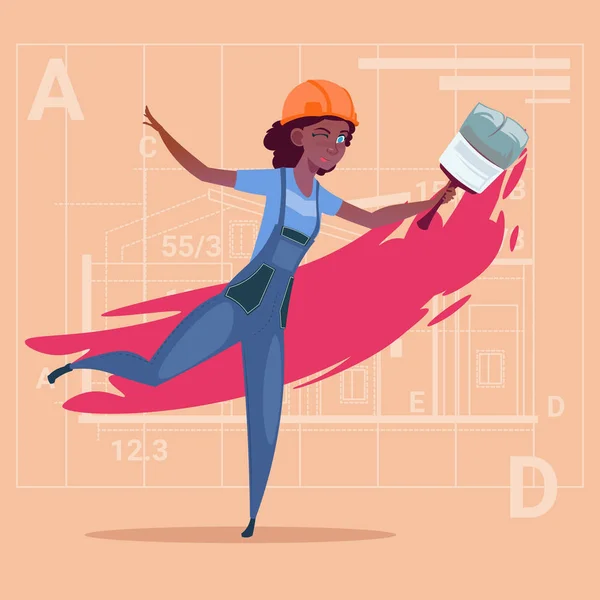 Pittore donna cartone animato tenere pennello afro-americano decoratore costruttore indossando uniforme e casco — Vettoriale Stock