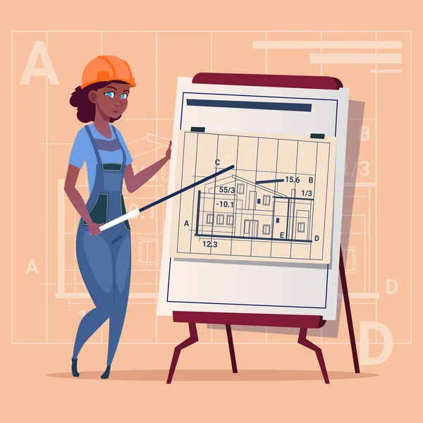 Tecknad kvinna Builder förklara Plan att bygga Blueprint bär Uniform och hjälm Construction Worker entreprenör African American — Stock vektor