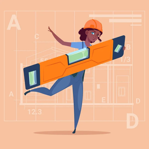 Arka Plan arka plan üzerinde giyen üniforma ve kask Afro-Amerikan inşaat işçisi marangoz düzey Holding karikatür kadın Oluşturucu — Stok Vektör