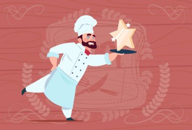 Chef Cook Hold Star Ödülü Gülümseyen Karikatür Restoran Şefi Ahşap Dokulu Arka Plan Üzerinde Beyaz Üniforma