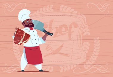 Afro-Amerikan Şef Cook Holding Cleaver Bıçak Ve Et Gülümseyen Karikatür Şefi Beyaz Restoran Üniforma Ahşap Dokulu Arka Plan Üzerinde