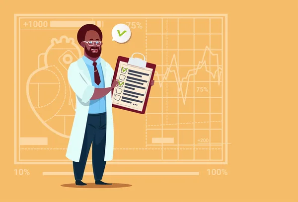 Afrikansk Amerikan läkare innehav Urklipp med analysresultat och diagnos medicinska kliniker arbetare sjukhus — Stock vektor