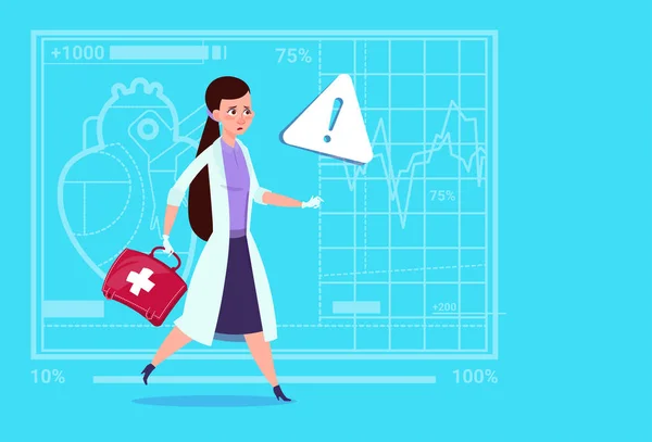 Médecin d'urgence femelle courir avec boîte à médicaments premiers soins cliniques médicales travailleur hôpital — Image vectorielle