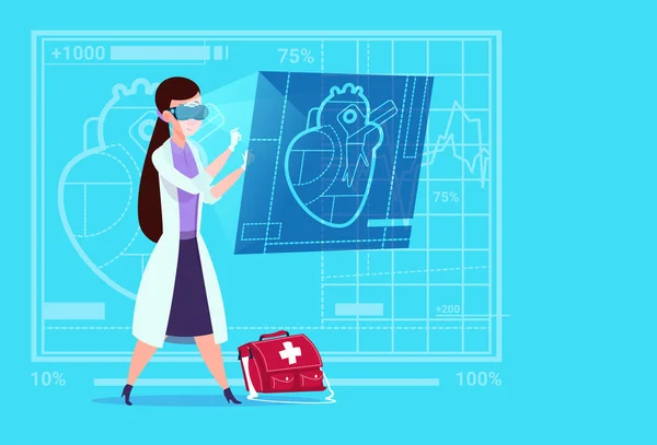 Vrouwelijke arts cardioloog onderzoeken digitale hart slijtage virtual reality bril medische klinieken werknemer ziekenhuis — Stockvector