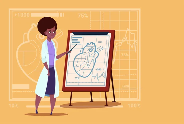 Θηλυκό Αφρικανικός Αμερικανός γιατρός καρδιολόγος πάνω Flip Chart με καρδιά ιατρικές κλινικές στο νοσοκομείο εργαζόμενος — Διανυσματικό Αρχείο