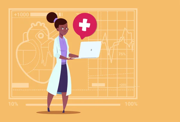 Női Doctor Hold laptop számítógép Online konzultáció orvosi klinikák African American munkás Kórház — Stock Vector