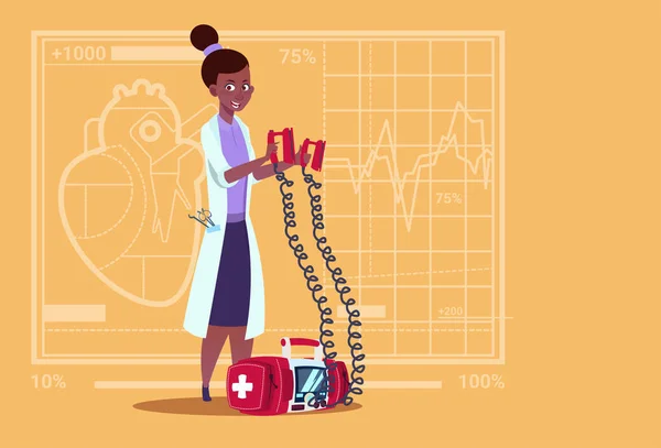 Γιατρός θηλυκό κρατήστε απινιδωτή ιατρική κλινικές αφρικανική αμερικανική εργαζόμενος Reanimation νοσοκομείο — Διανυσματικό Αρχείο