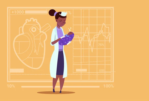 Női orvos Hold újszülött baba fiú orvosi anyaság klinika afrikai amerikai munkavállaló Kórház — Stock Vector
