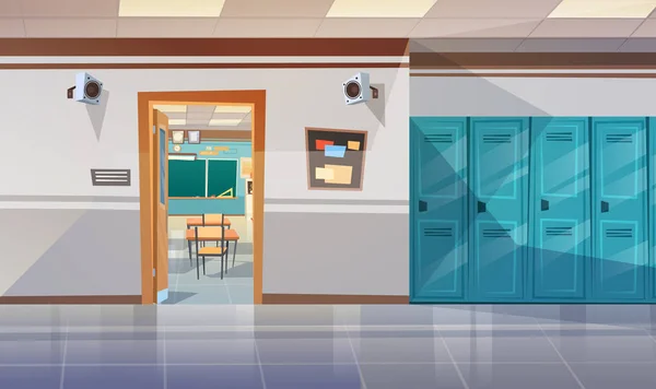 Порожній шкільний коридор з відкритими дверима до класу кімнати — стоковий вектор