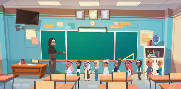 Gruppo di alunni arabi con insegnante in aula sul concetto di istruzione della lezione — Vettoriale Stock