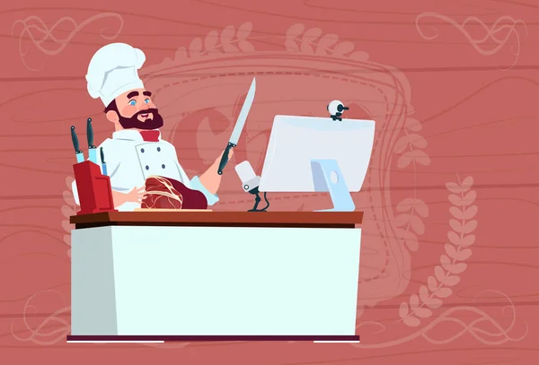 Шеф кухар готує відео блог Cookong на комп'ютерному столі Потокове мультфільм ресторан керівник в білій уніформі блогер — стоковий вектор