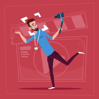 Man Holding Eylem Kamera Modern Video Blogger Vlog Creator Kanal