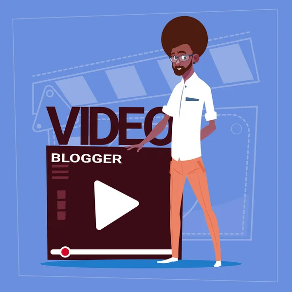 Uomo afroamericano su Vlogger Canale schermo moderno video blogger Vlog Creator — Vettoriale Stock