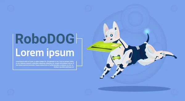 Robotic Dog Hold Tarjeta de Crédito Pago Móvil Para Compras En Línea Animal Modern Robot Pet Tecnología de Inteligencia Artificial — Archivo Imágenes Vectoriales