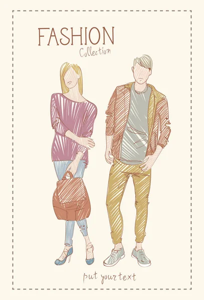 流行の服のスケッチを身に着けている男性と女性のモデルの服のファッションのコレクション — ストックベクタ