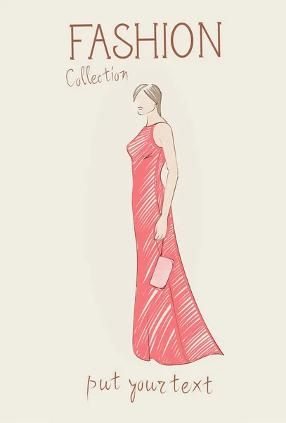 Collezione di moda di abbigliamento modello femminile che indossa Trendy Abbigliamento Sketch — Vettoriale Stock