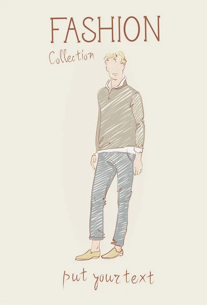 Collection De Mode De Vêtements Homme Modèle Portant Trendy Habillement Croquis — Image vectorielle