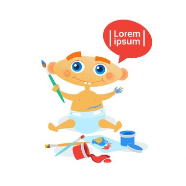 Şirin bebek çocuk boyama yürümeye başlayan çocuk mutlu karikatür bebek bezi içinde
