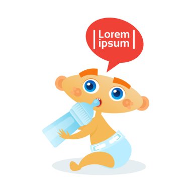 Şirin bebek çocuk şişe yürümeye başlayan çocuk mutlu karikatür bebek bezi içinde gelen yeme